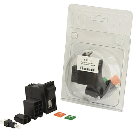 A Sparex Rocker Switch repair kit in original packaging, including a 12V DC main switch, connectors, and labeled buttons for work light functions.