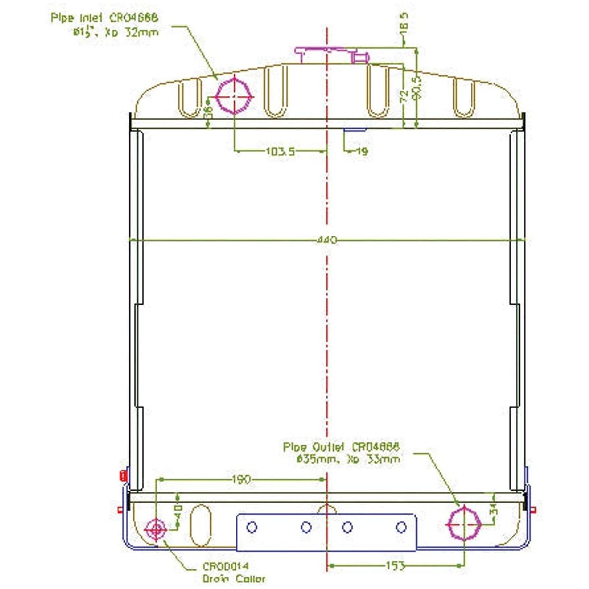 Technical diagram of a cylindrical structure with detailed measurements and annotations, including pipe inlets, outlets, and dimensions in millimeters. The schematic includes specifics for installing the Radiator Cap - S.57257 by Sparex.