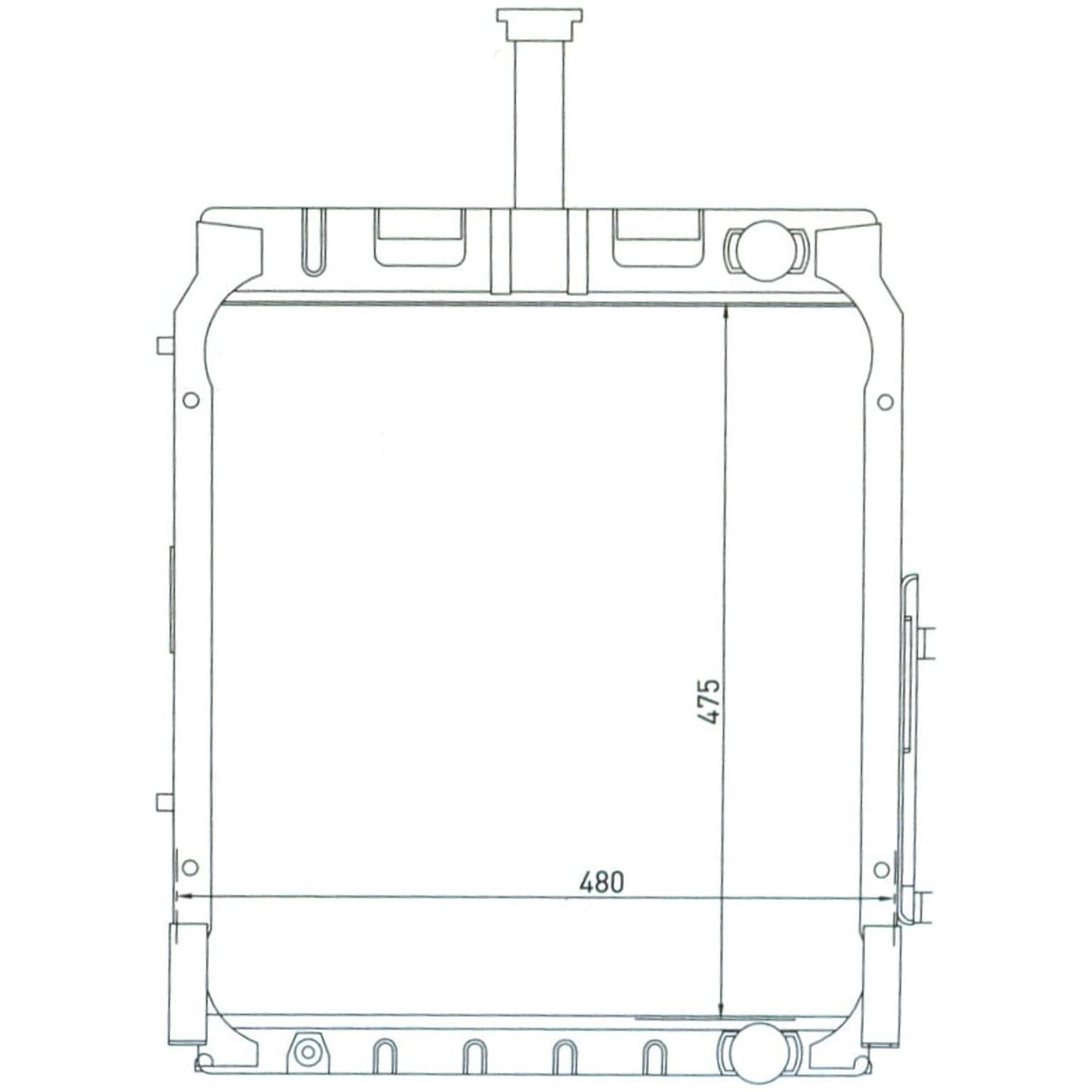 Technical diagram illustrating a front view of the Radiator Cap - S.57258 by Sparex, featuring labeled dimensions: 480 mm wide and 475 mm tall, potentially ideal for housing coolers.