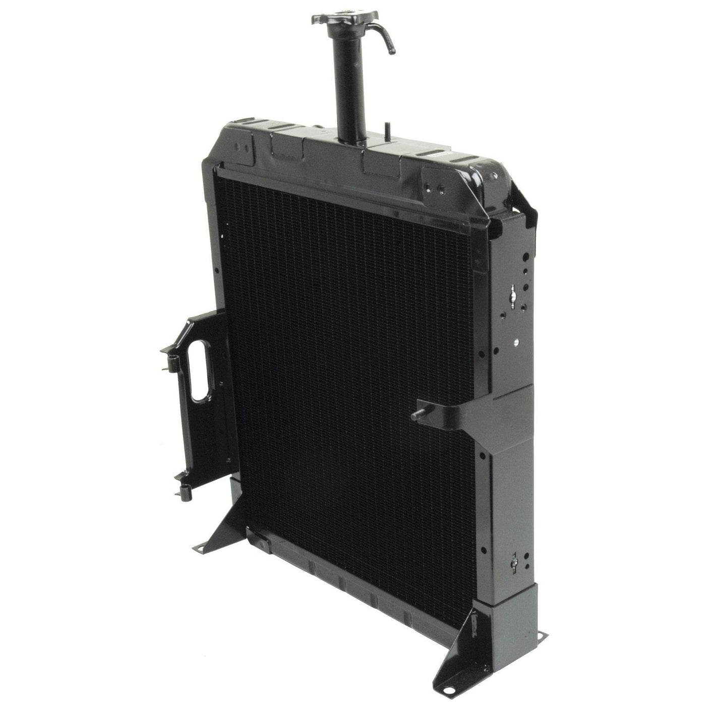 A black, metal car radiator from Sparex stands on a white background, featuring a cooling grille and attached components designed for engine temperature regulation, including the Radiator Cap - S.57258.