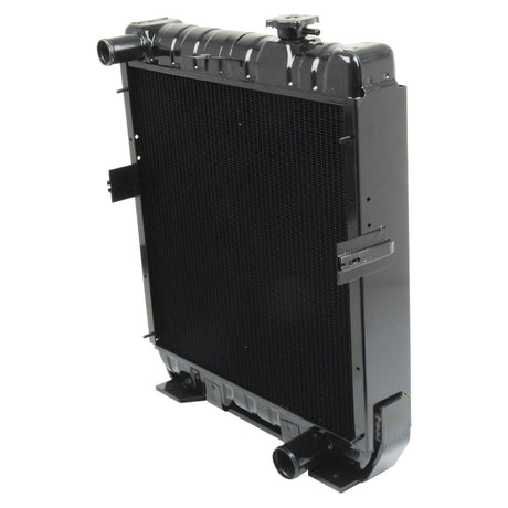 A black 4 Row Radiator designed for a vehicle cooling system, featuring an upper and lower pipe for fluid connection, and compatible with the Sparex Radiator Cap - S.57260.