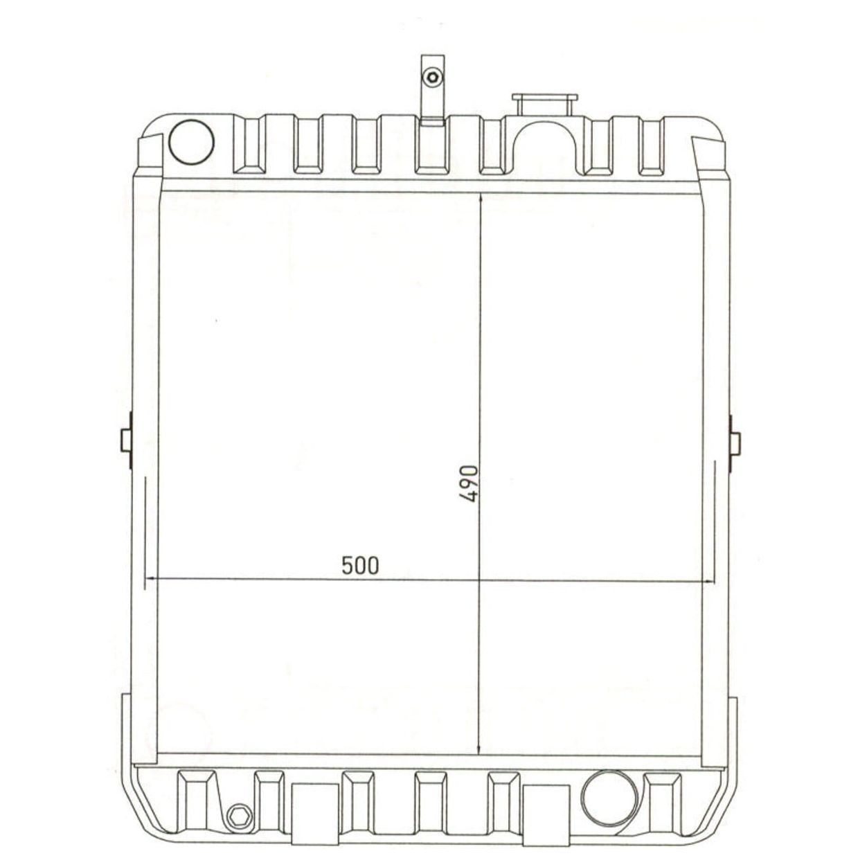 Technical drawing of a square-shaped mechanical part with dimension labels reading 500mm for width and 490mm for height. It includes details of edges, corners, and cylindrical protrusions. This part is compatible with the Sparex Radiator Cap - S.57260 or a 4 Row Radiator.
