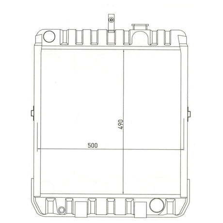 Technical drawing of a square-shaped mechanical part with dimension labels reading 500mm for width and 490mm for height. It includes details of edges, corners, and cylindrical protrusions. This part is compatible with the Sparex Radiator Cap - S.57260 or a 4 Row Radiator.
