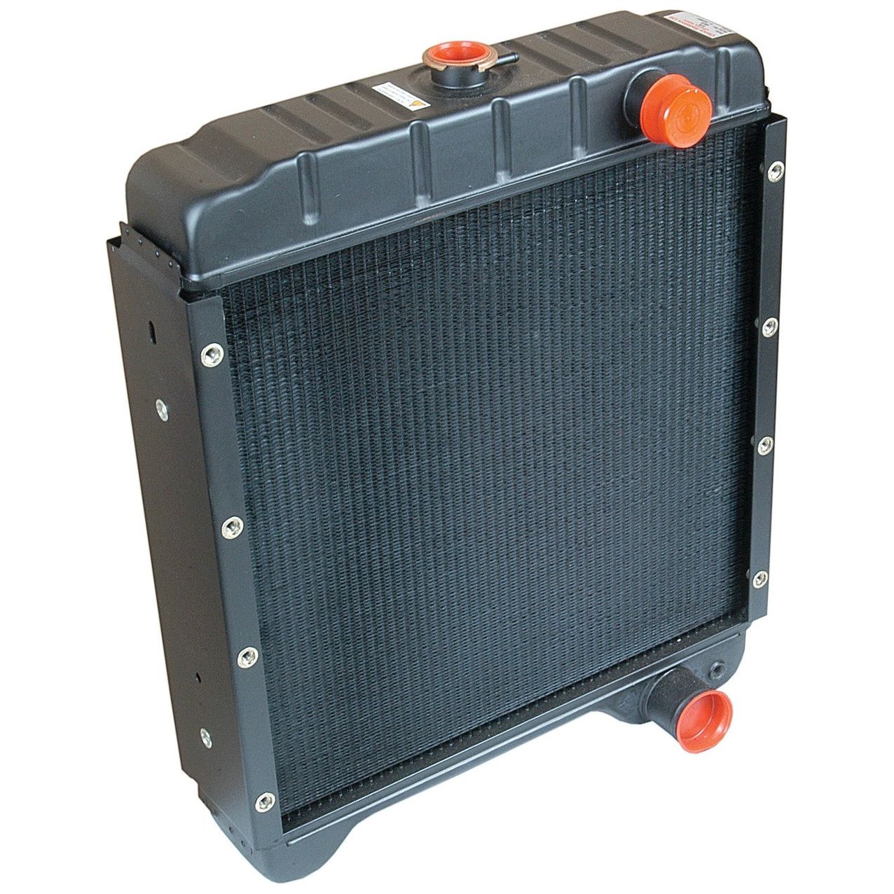 An image of a black metal radiator features an orange Radiator Cap - S.57261 by Sparex on the top left corner and another on the bottom right. The grid-like structure in the middle enhances the cooling efficiency.