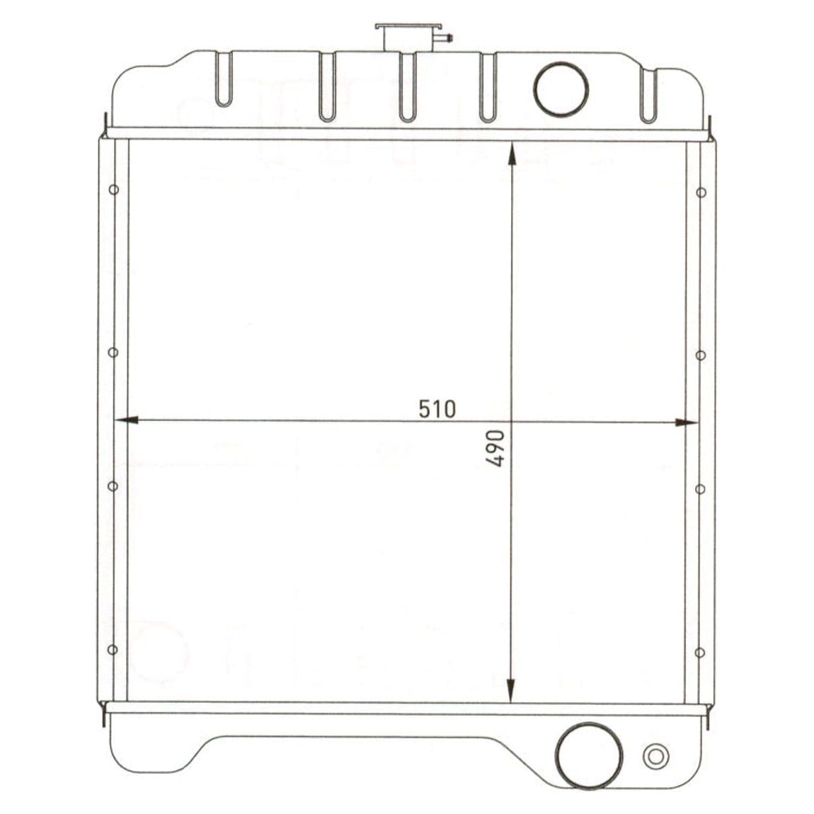 Technical drawing of a rectangular container with specified dimensions: 510 units in length and 490 units in height. Various circular ports are shown, suggesting locations for openings or connections, including the inlet diameter for potential Radiator Cap - S.57261 installations by Sparex.