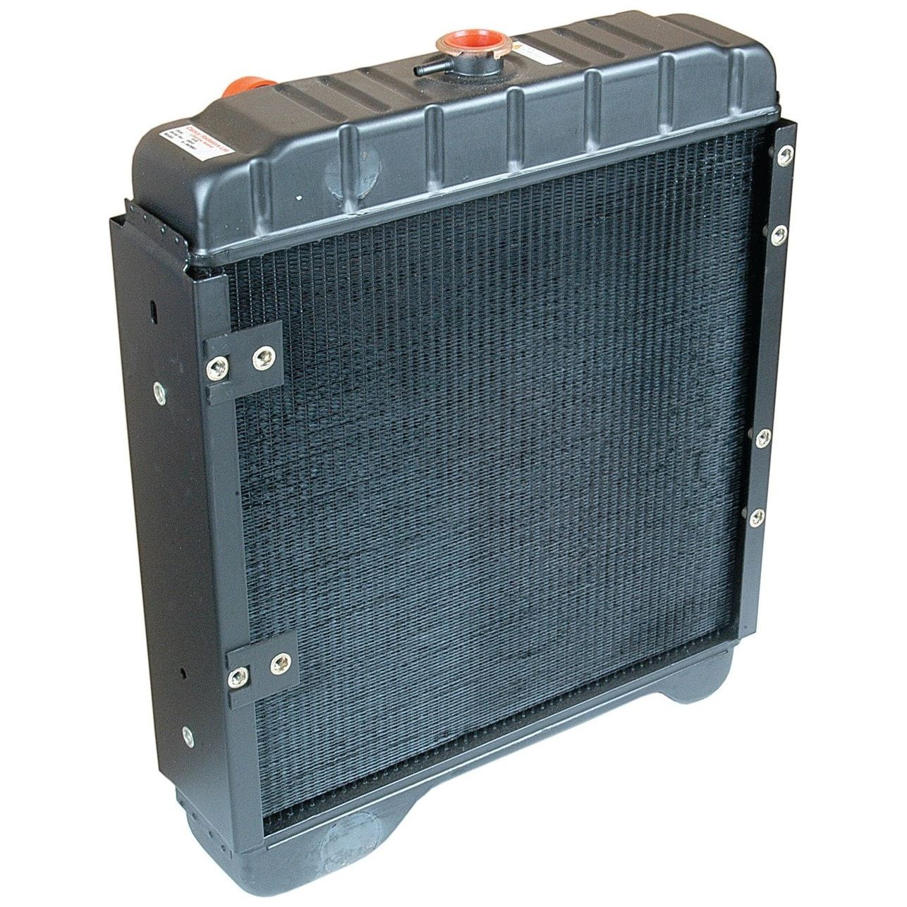 Image of a black rectangular automotive radiator with metal components, featuring a small red Sparex Radiator Cap - S.57261 on top.