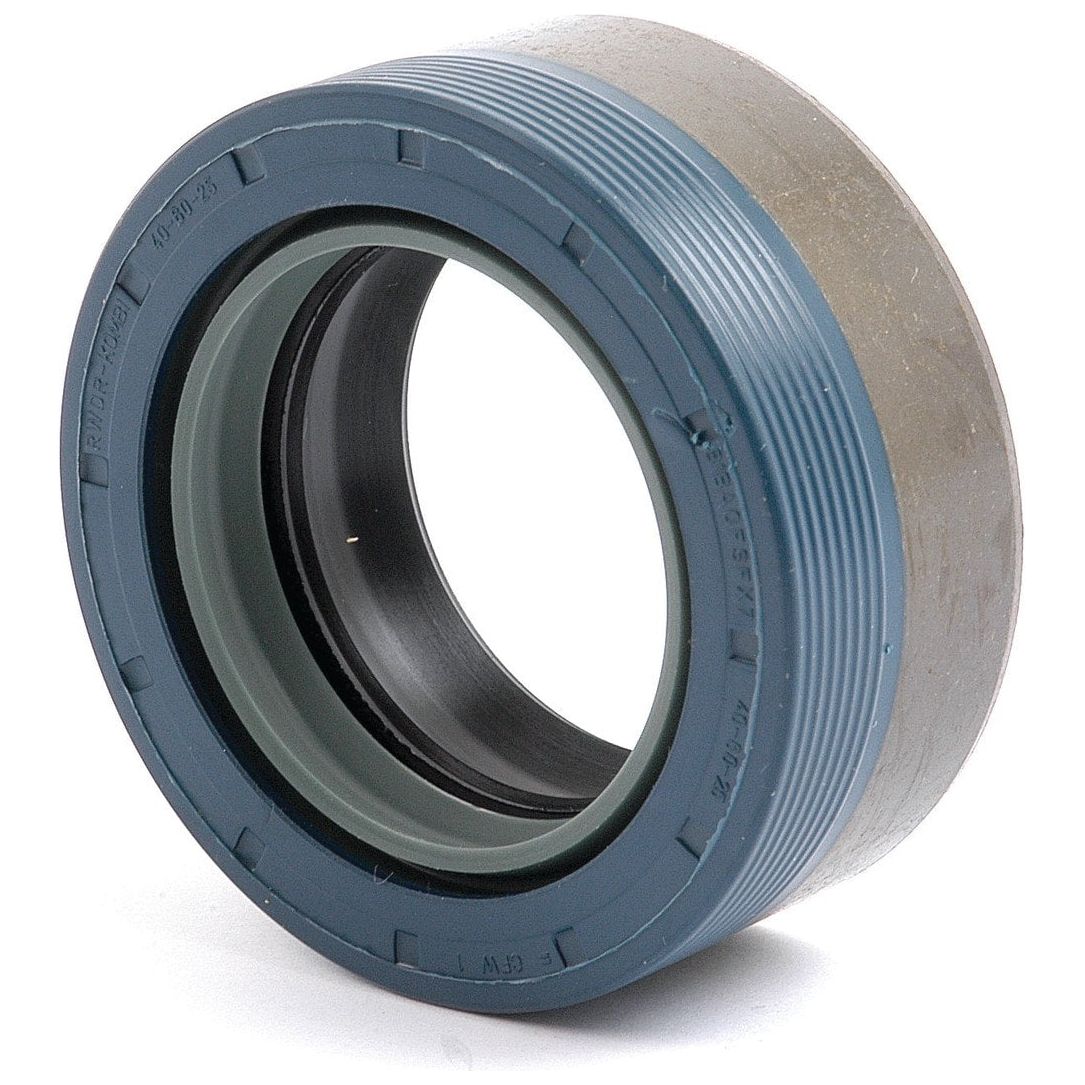 A cylindrical blue and grey Metric Rotary Shaft Seal by Sparex, measuring 40 x 60 x 25mm (Sparex Part No. S.57270), with ribbed edges, used in machinery to prevent leakage.