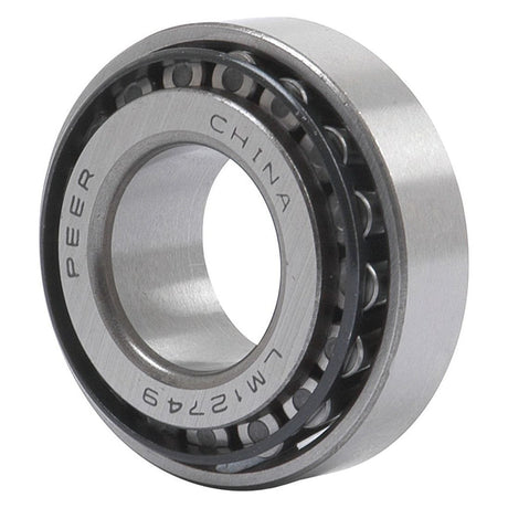 Close-up of a Sparex Taper Roller Bearing (LM12749/LM12711) - S.57282 with visible rollers and markings "PEER" and "CHINA" etched on its outer ring.