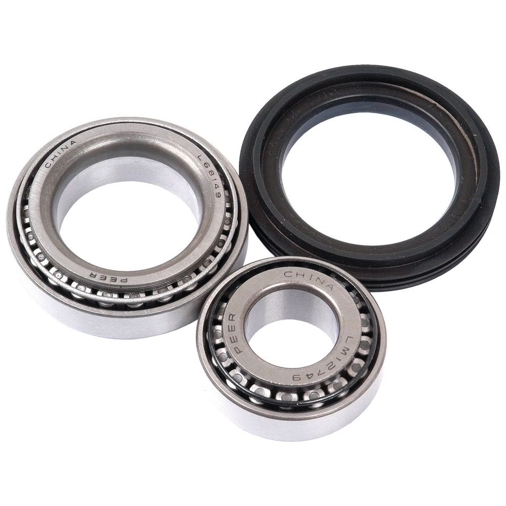 Three mechanical bearings from the Wheel Bearing Kit - S.57283 by Sparex, including two cylindrical roller bearings and one rubber-sealed bearing, are arranged on a white background. The bearings feature visible identification markings.