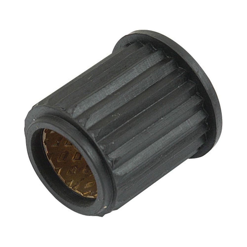 The Sparex Steering Box Bush, Part No. S.57288, is a black and gold cylindrical bushing featuring a textured surface and a flanged edge, ideal for use in Case IH or International Harvester equipment.