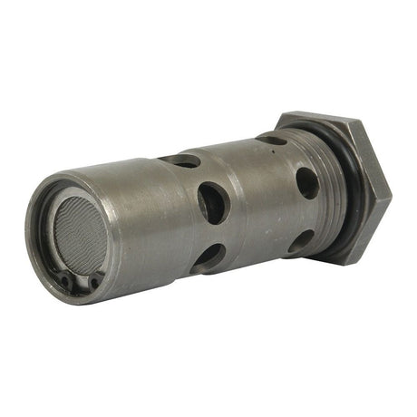 Introducing the Sparex Relief Valve (Part No. S.57319), a metal hydraulic relief valve featuring a cylindrical body, multiple holes along the side, and a threaded hexagonal end, ideal for use with Case IH or International Harvester machinery.