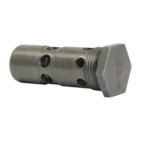 Hexagonal-faced metal part with several cylindrical holes, a threaded middle section, and designed to accommodate a Relief Valve | Sparex Part No. S.57319, specifically for International Harvester machinery by Sparex.