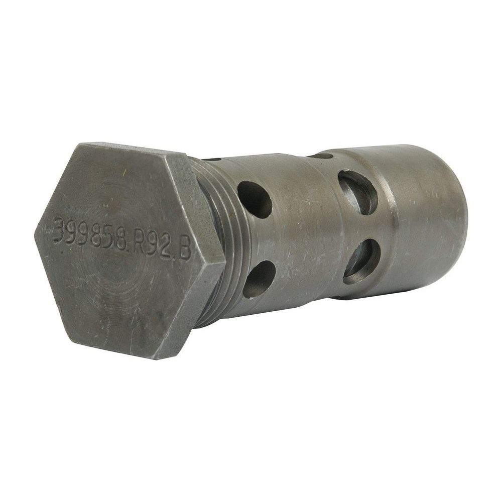 The Relief Valve | Sparex Part No.S.57319, a product by Sparex, features a hexagonal bolt with a cylindrical body that has multiple drilled holes and engraved text on the head, making it suitable for use in Case IH machinery.