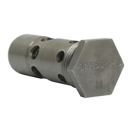 A Sparex Relief Valve (Part No. S.57319), featuring a metallic hexagonal end with engraved text "399856.R92.5" and multiple circular holes on its cylindrical body, is commonly used in International Harvester machinery.