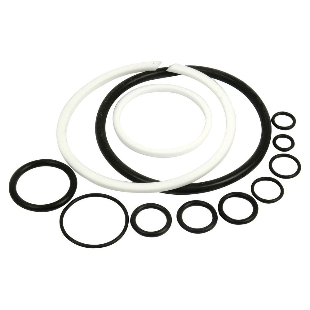 A comprehensive set of black and white rubber O-rings in various sizes, perfect for a Case IH lift cylinder seal kit, arranged on a white background. This is the Seal Kit | Sparex Part No. S.57320 from the renowned brand Sparex.