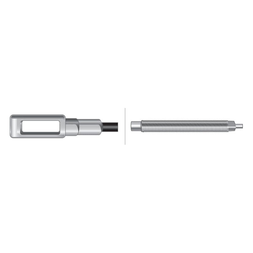 A PTO Clutch Cable from Sparex, featuring a length of 954mm and an outer cable length of 654mm, displayed in two distinct parts against a white background. Ideal for maintaining machinery such as PTO Clutch Cable systems for International Harvester or Case IH equipment. Sparex Part No. S.57321.