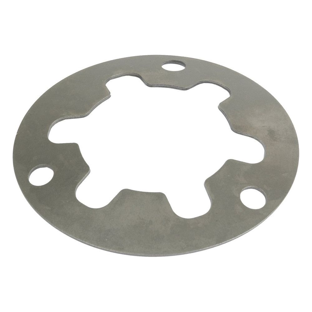 The Belleville Spring Plate (Sparex Part No. S.57322) is a flat, circular metal washer featuring five internal curved cutouts and four round holes near the edge, designed to be compatible with Sparex components.