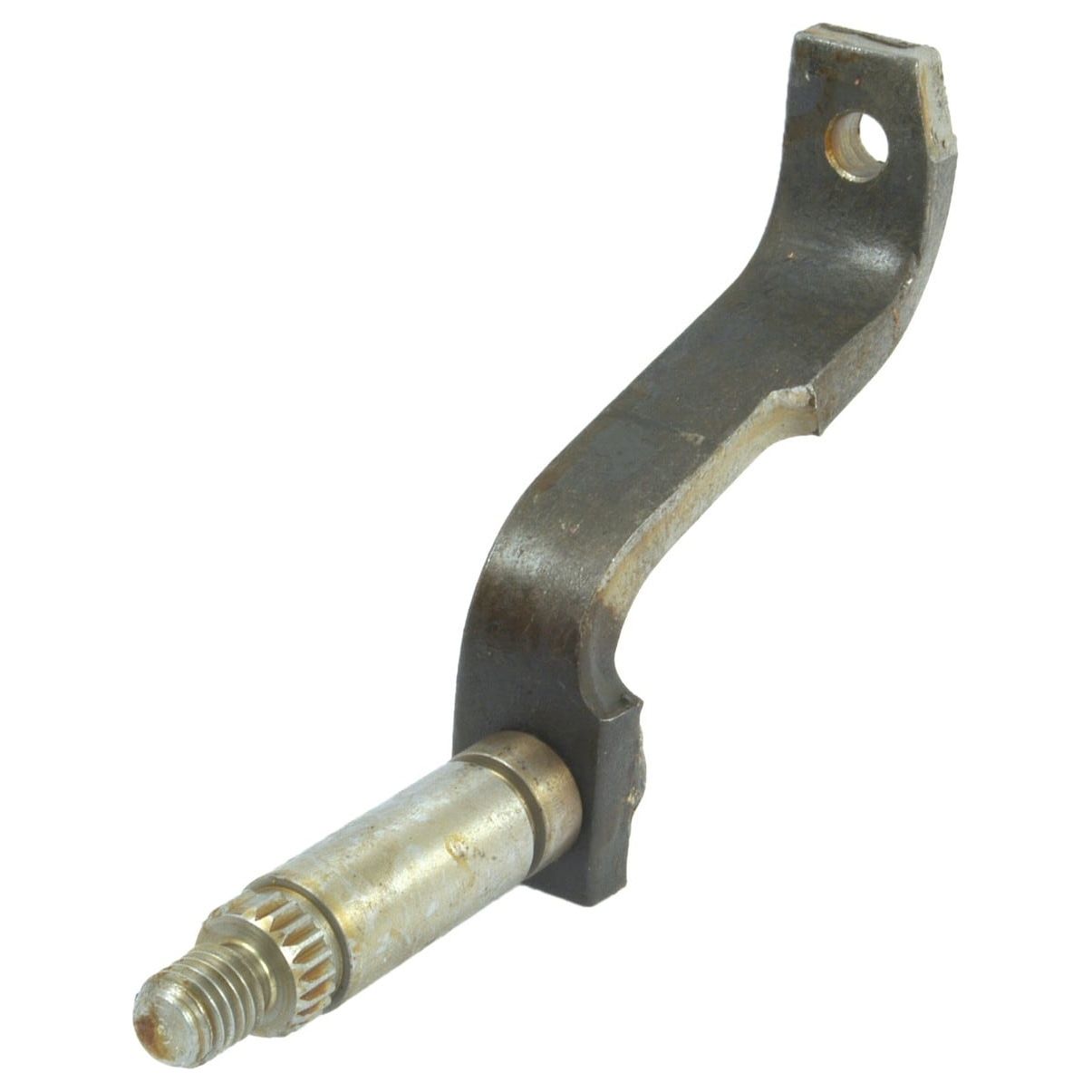 A Gear Selector Shaft (Sparex Part No. S.57323) from Sparex, featuring a metal mechanical component with a threaded rod and a curved bracket with a hole at one end, ideal for machinery from International Harvester.