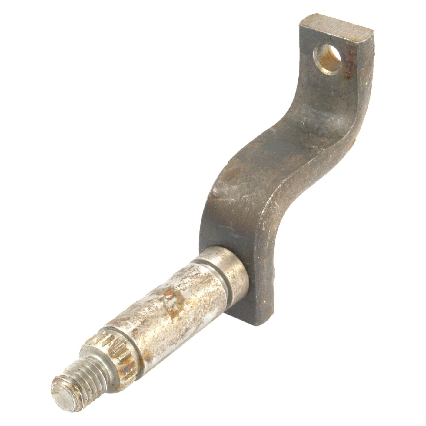 The Gear Selector Shaft (Sparex Part No. S.57324) by Sparex is a metal mechanical part that features a curved arm with a hole at one end and a threaded rod with a grooved section at the other end, commonly used in Case IH rear assemblies.