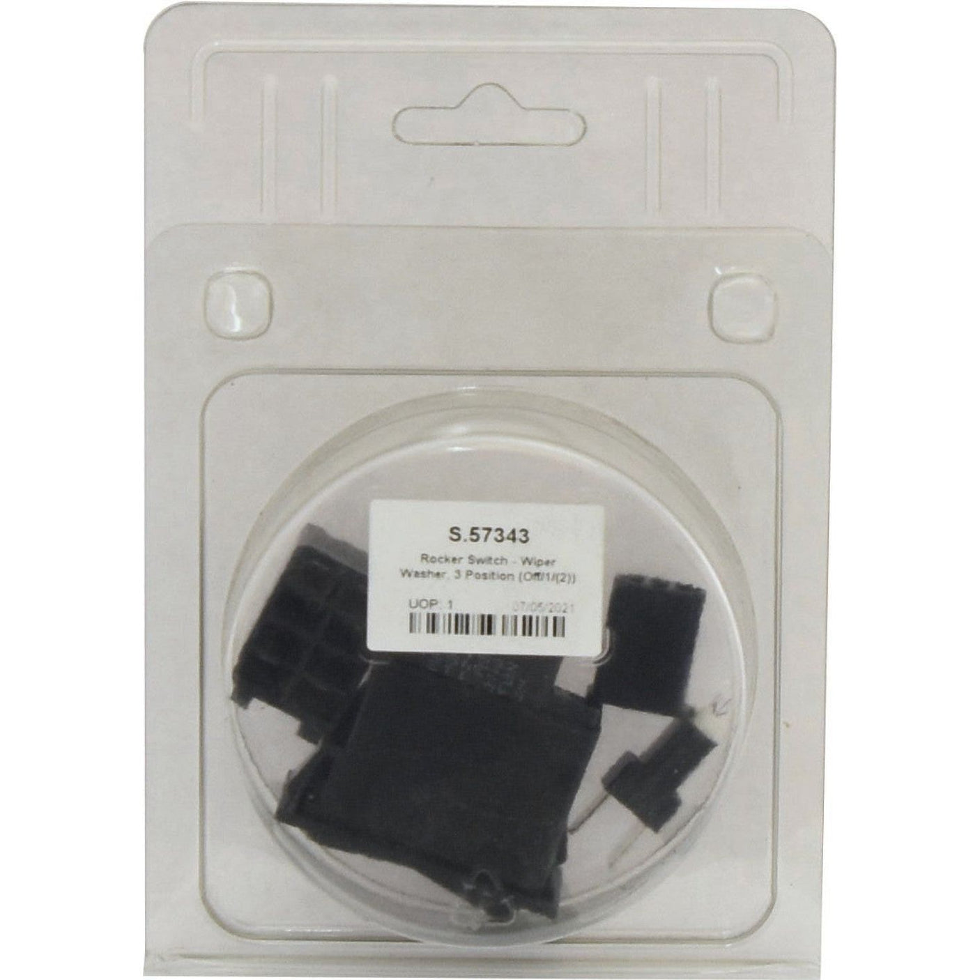 A Rocker Switch - Wiper Washer with three positions (Off/1/(2)), part number "S.57343", from the brand Sparex, is displayed in a transparent plastic case and operates on 12V DC.