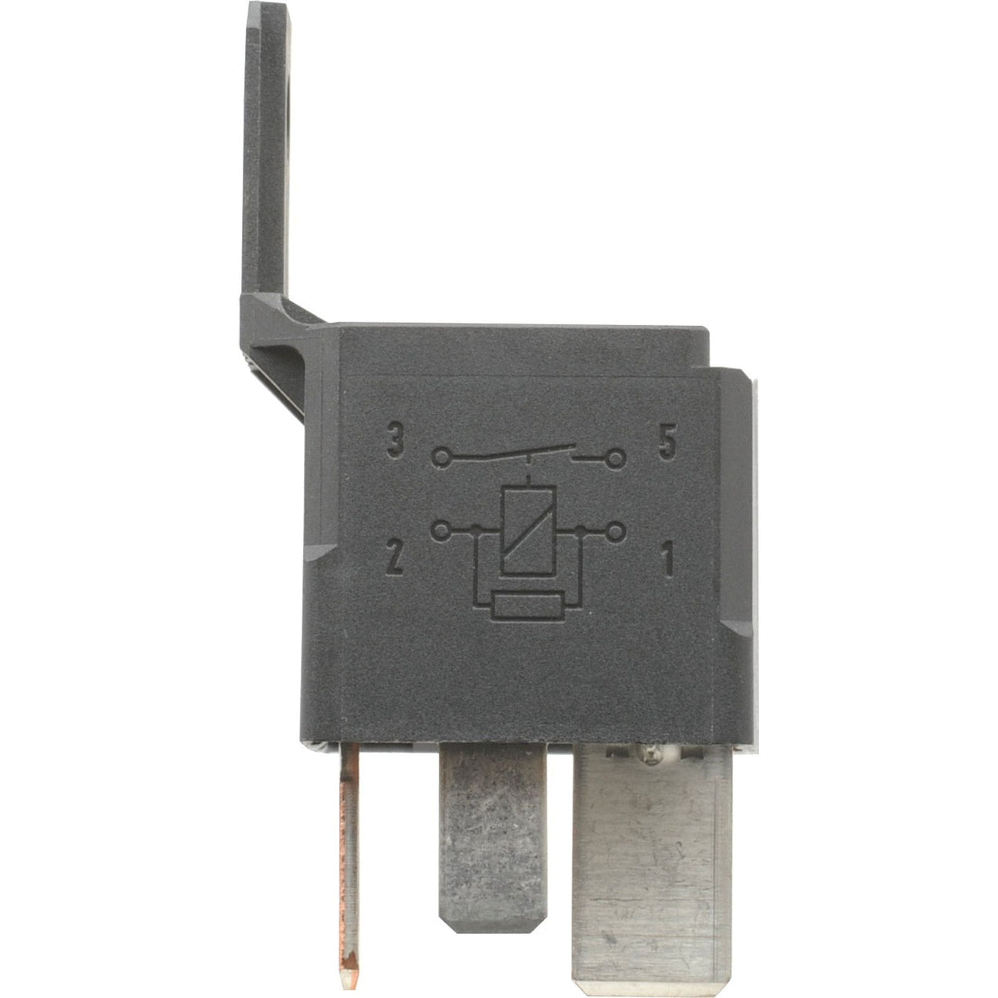 Image of a black automotive relay featuring pins and a schematic diagram on its surface showing the internal electrical connections, labeled as Sparex Part No. S.57344 Relay used in International Harvester vehicles.
