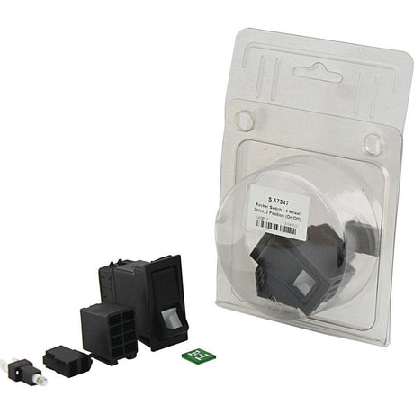 Packaged Sparex Rocker Switch - 4 Wheel Drive, 2 Position (On/Off) - S.57347 components and accessories in a clear plastic hanging bag, featuring a 12V DC latching switch, with additional loose components placed next to the package.