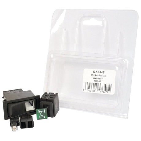 A rocker switch with a green "H" symbol is displayed in front of its packaging. The label reads "S.57347 Rocker Switch - 4 Wheel Drive, 2 Position (On/Off)". This IP65-rated, latching switch from Sparex is designed for durability and operates on 12V DC power.