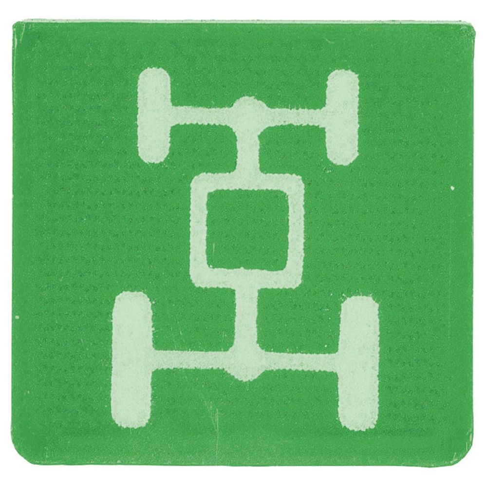 The Sparex Rocker Switch - 4 Wheel Drive, 2 Position (On/Off) - S.57347 features an icon depicting a vehicle's drivetrain layout against a green background, showing four wheels connected by lines that indicate the transmission system. This IP65-rated icon ensures durability in harsh environments.