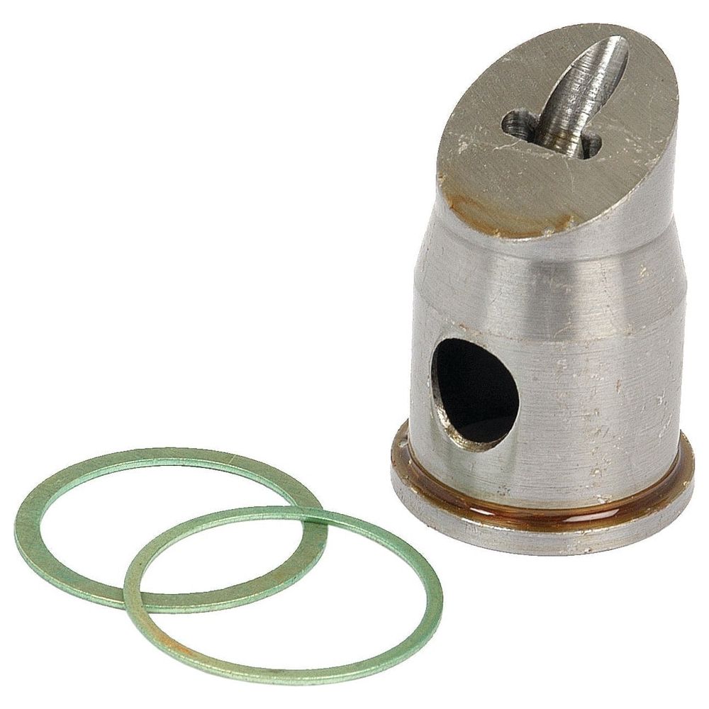 A Sparex Pre Combustion Chamber (Part No. S.57366) metal valve with a top screw and a side opening designed for use in Case IH combustion chambers, accompanied by two green circular gaskets.