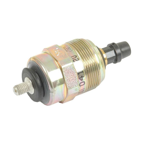 A metallic, cylindrical electrical component with threaded sections and a protruding connector tip, commonly used as a Fuel Shut Off Solenoid in Ford New Holland machinery, is also known as the Fuel Shut Off Solenoid | Sparex Part No. S.57373 from the brand Sparex.