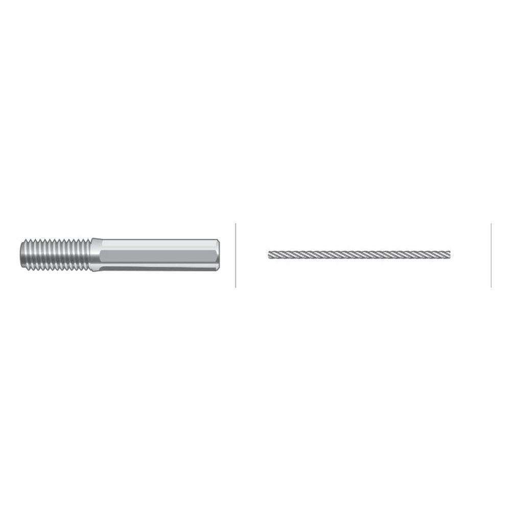 Side-by-side image of a threaded metal rod and a twisted metal wire against a white background, reminiscent of components found in the Sparex Foot Throttle Cable (Length: 1030mm, Outer cable length: 914mm), Part No. S.57379.