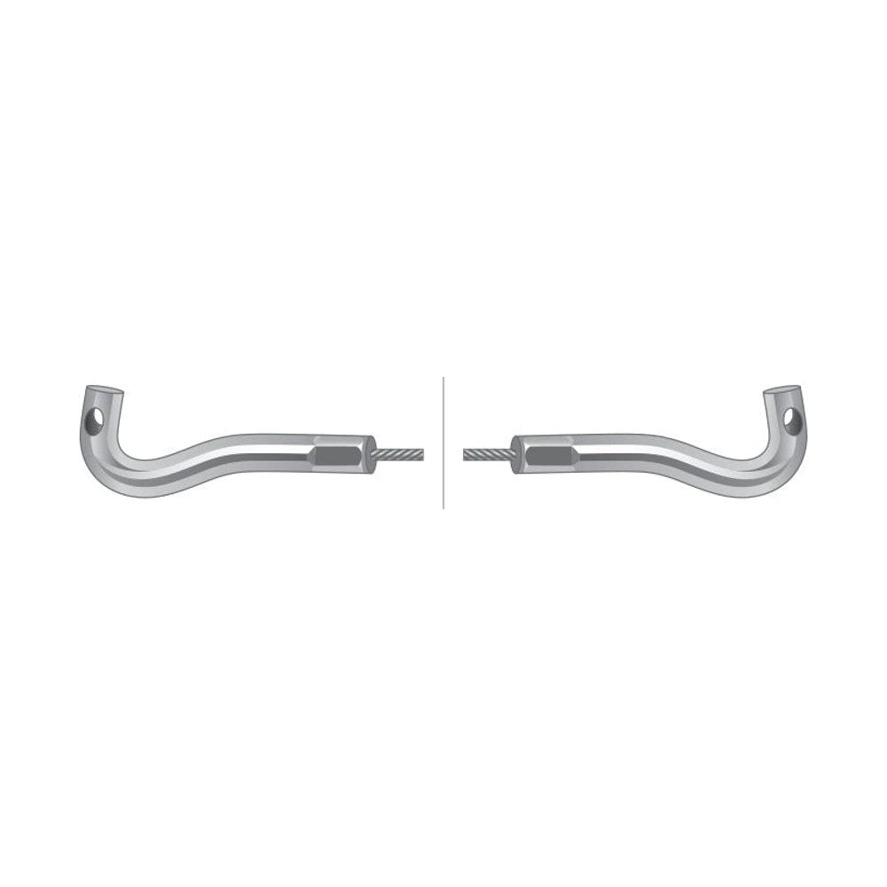 Two metal pieces with curved handles, each featuring a hole for securing wires, are laid out on a white background. Perfect for use with the Sparex Hand Throttle Cable (Length: 1440mm, Outer cable length: 1177mm; Sparex Part No. S.57380) or similar machinery parts like other Sparex components.