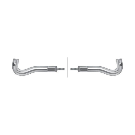 Two metal pieces with curved handles, each featuring a hole for securing wires, are laid out on a white background. Perfect for use with the Sparex Hand Throttle Cable (Length: 1440mm, Outer cable length: 1177mm; Sparex Part No. S.57380) or similar machinery parts like other Sparex components.