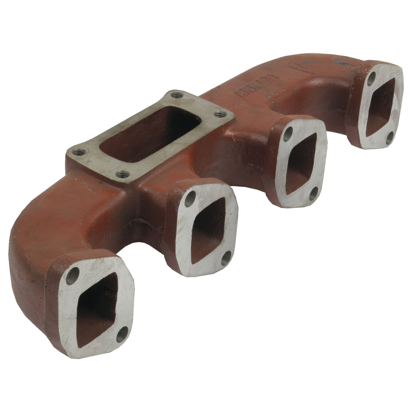 A red, cast iron Sparex Exhaust Manifold (4 Cyl.) with four exhaust port openings and a rectangular central inlet, viewed at an angle (Sparex Part No. S.57387).