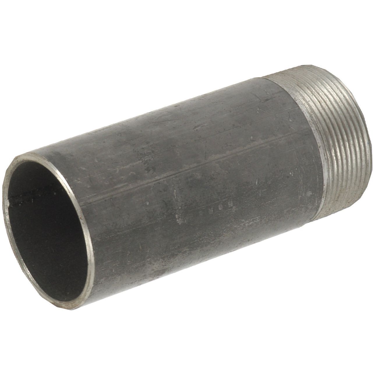 An image of the Silencer Pipe by Sparex (Sparex Part No. S.57391), a cylindrical metal pipe nipple with threaded ends used for plumbing connections, resembling a component one might find in an International Harvester’s exhaust system.