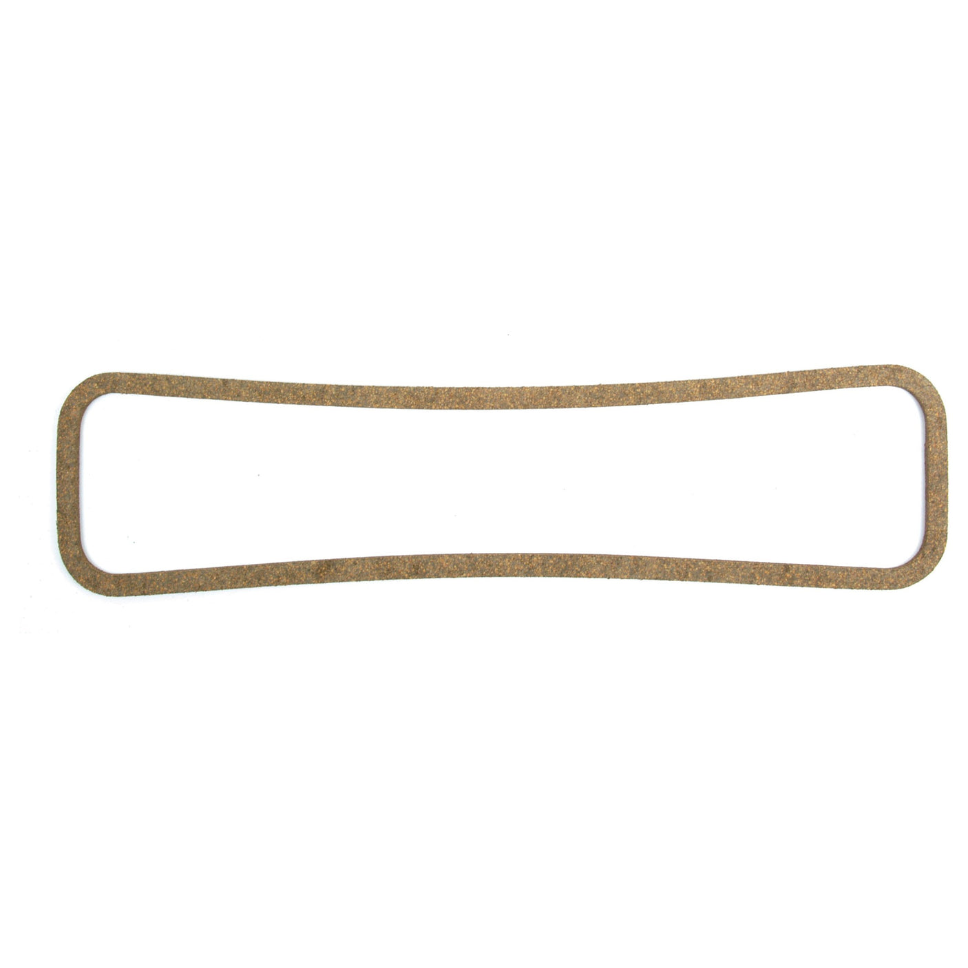 The Sparex Rocker Cover Gasket (Part No. S.57401) is a rectangular cork gasket with rounded corners and slightly curved long edges, ideal for a Leyland engine's rocker cover gasket, isolated on a white background.