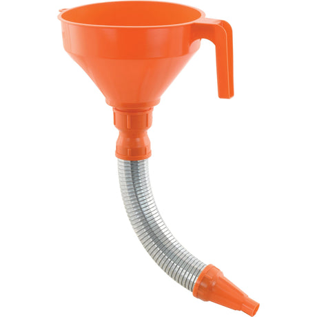 An orange Sparex Funnel (Plastic) Ø: 152mm - S.5740, featuring a flexible, ribbed metal spout, high-density polyethylene construction, and a side handle.