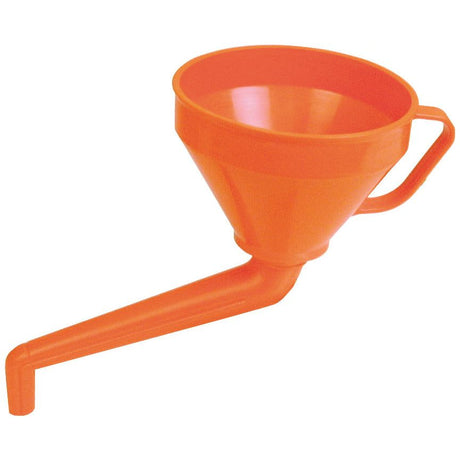 A Sparex orange plastic funnel, model S.5741, featuring a curved spout and a handle, made from high-density polyethylene with a 152mm diameter, is shown against a white background.