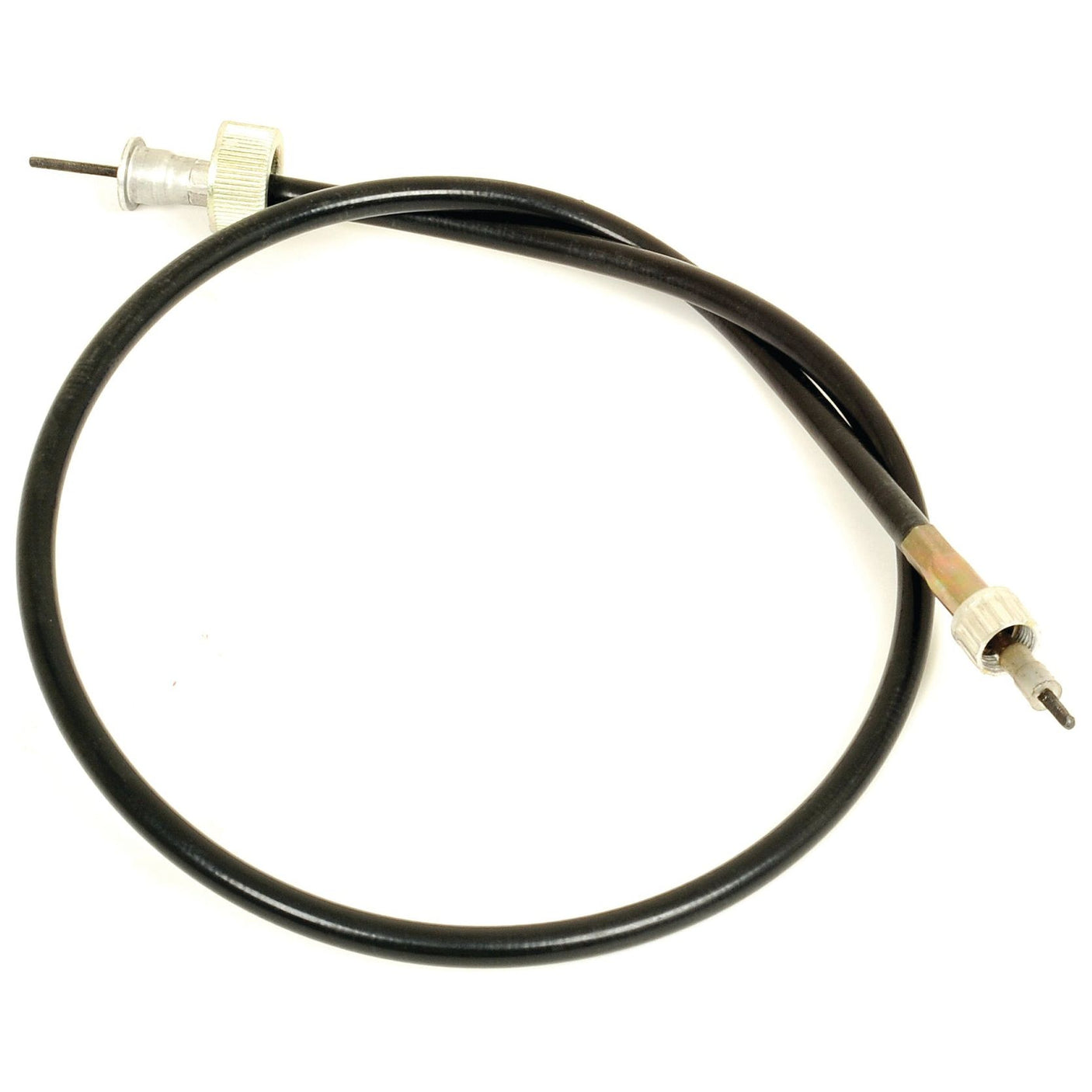 A black coiled drive cable with metallic connectors on both ends, suitable for Leyland 245 and available from Sparex under part number S.57421, measuring 889mm in length with an outer cable length of 834mm.