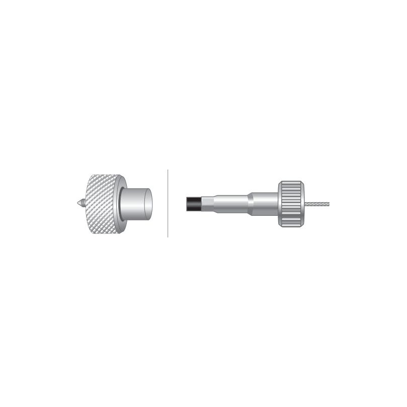 Two views of a Sparex metallic coaxial cable connector component, displayed side-by-side. One view shows the connector from the side, while the other reveals it with the internal components extended—perfect for integrating into your 889mm Drive Cable (outer cable length: 834mm) system on a Leyland 245, Sparex Part No. S.57421.