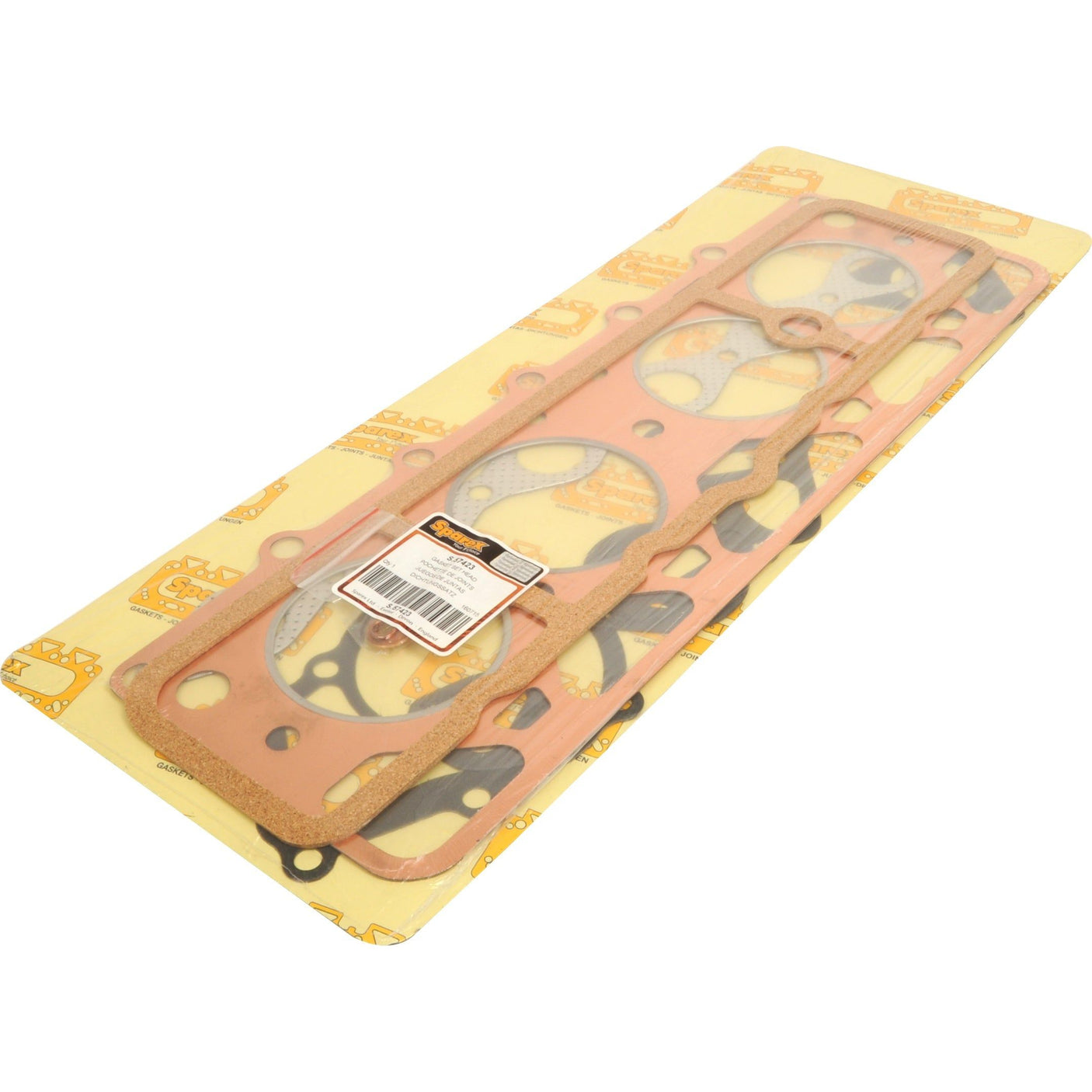 A Top Gasket Set for David Brown 800 Series, including models 880-900 and Implematic DB950, packaged on a yellow Sparex branded cardboard backing. Suitable for 4 Cylinder engines (Sparex Part No. S.57423).