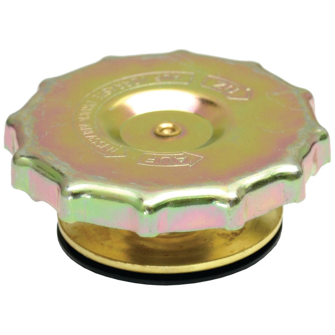 The Sparex Radiator Cap - S.57426 is a metallic cap with a round, grooved edge design, featuring embossed text and a pressure indicator on the top surface.