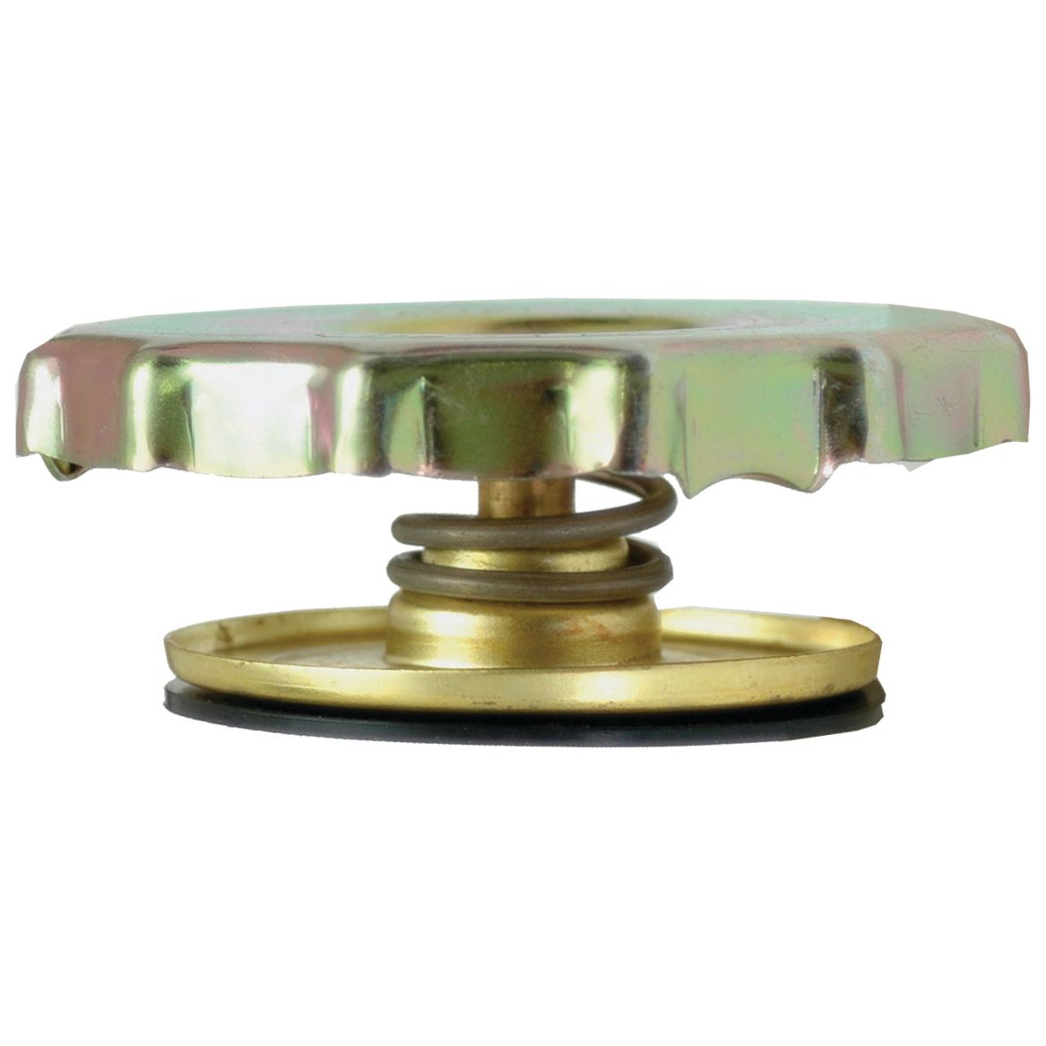 Close-up of the Sparex Radiator Cap - S.57426, featuring a metallic, spring-loaded valve with a round, ridged top and flat base, perfect for managing pressure.