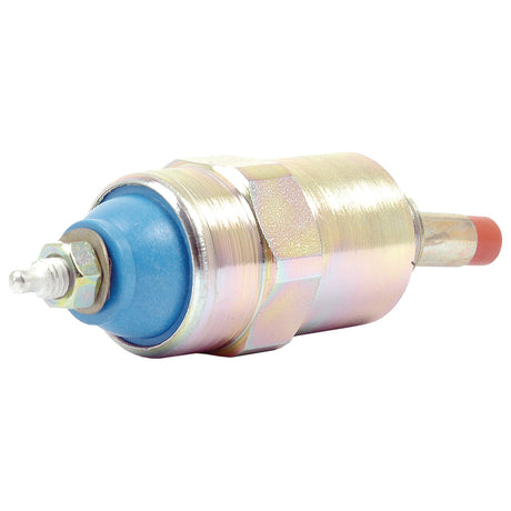 A Fuel Shut Off Solenoid, branded as Sparex and recognized by its Sparex Part No. S.57427, features a metallic cylindrical design with a blue section, a hexagonal nut at one end, and a red tip at the other end; it is commonly utilized in Ford New Holland machinery.