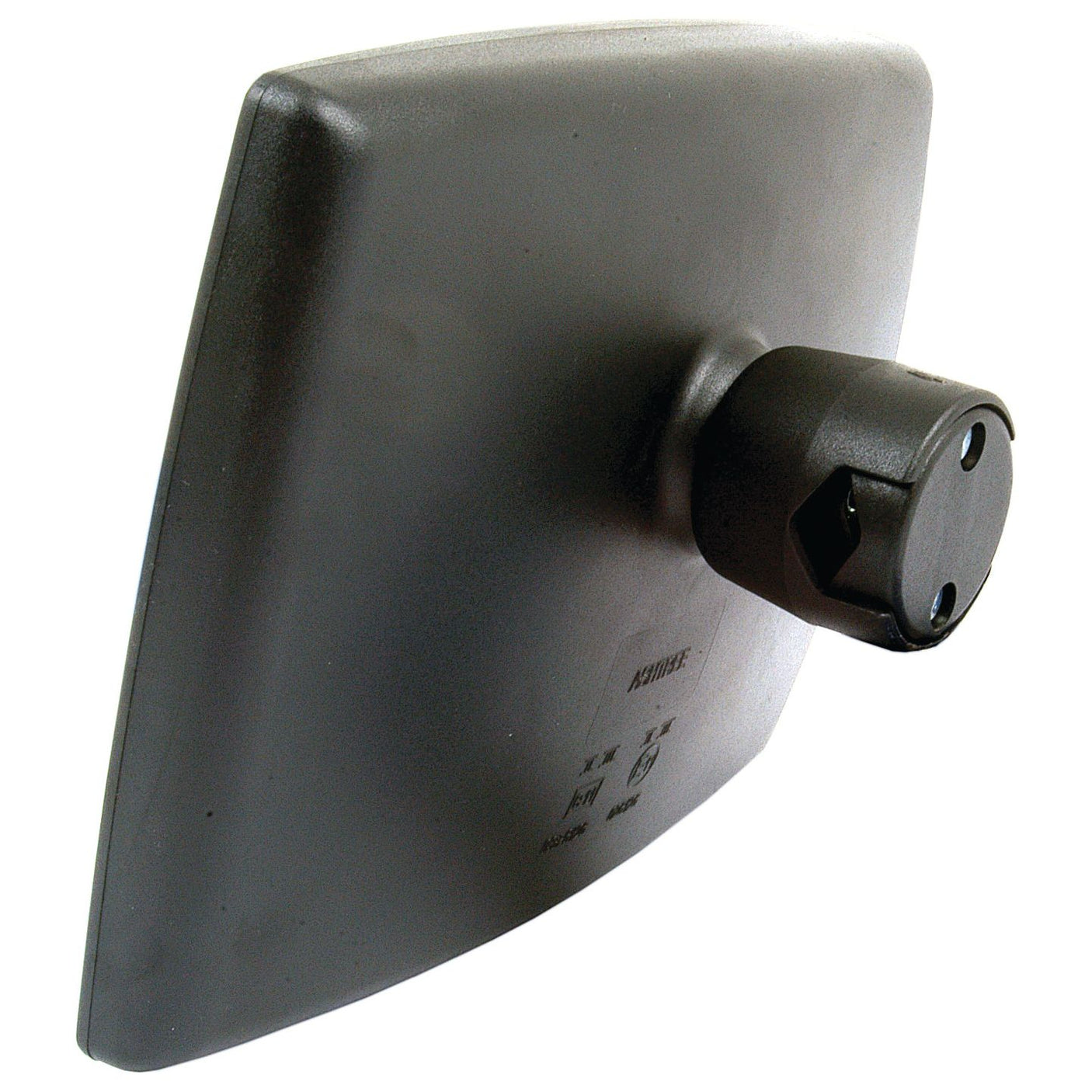 A Sparex Mirror Head - Rectangular, Convex, measuring 281 x 201mm and suitable for both right-hand and left-hand use, features a black plastic wall mount with a square face and cylindrical base. The face resembles an off-set clamp and has text and symbols indicating its purpose.