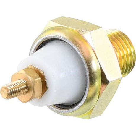 Close-up of the Oil Pressure Switch (Sparex Part No. S.57443) featuring a metal hex head bolt with a white plastic insulator and threaded stud, designed to be compatible with Ford and New Holland machinery.