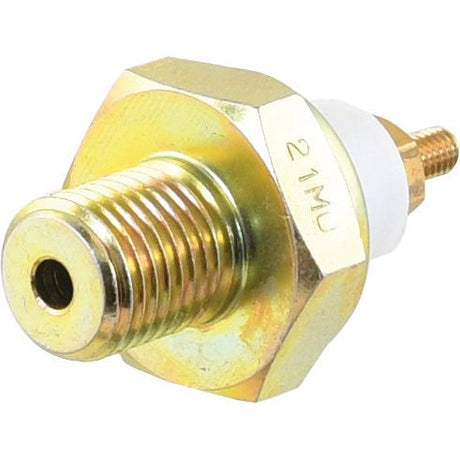 A close-up image of a hexagonal, metal, threaded automotive sensor marked "21MU" on its side, identified as the Oil Pressure Switch (Sparex Part No.S.57443) and compatible with Ford vehicles.