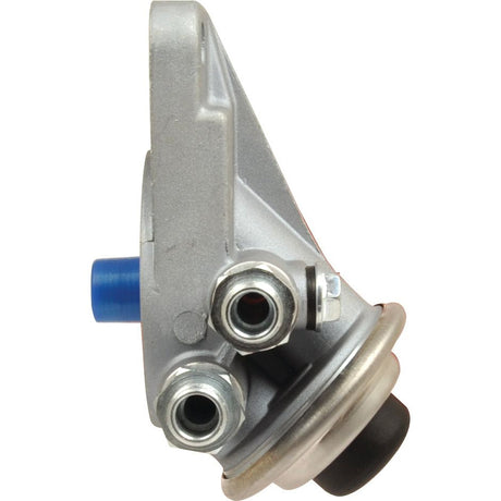 Close-up of a Sparex Fuel Lift Pump (Part No. S.57447) for Massey Ferguson, featuring two silver connectors, one blue plastic fitting, and a black rubber stopper.