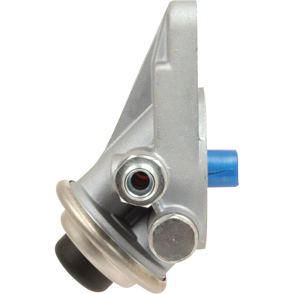 A detailed view of the Sparex S.57447 Fuel Lift Pump, featuring a blue cap, silver cylindrical fittings, and a black rubber tip, commonly seen in Ford New Holland fuel lift pumps.