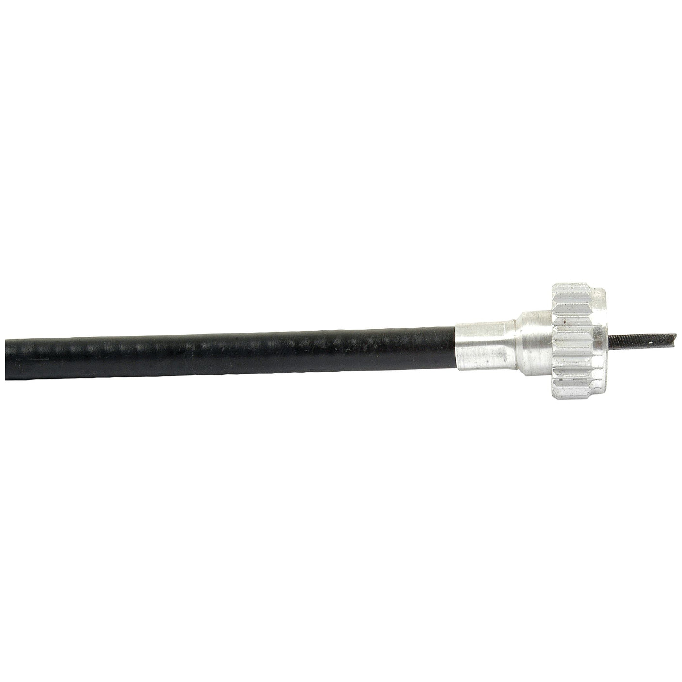 Close-up of the Drive Cable by Sparex, with a length of 1073mm and an outer cable length of 1067mm. This black drive cable features a metal connector with a ridged grip for easy attachment, making it perfect for your Massey Ferguson machinery or Sparex parts replacements. (Sparex Part No.S.57448)